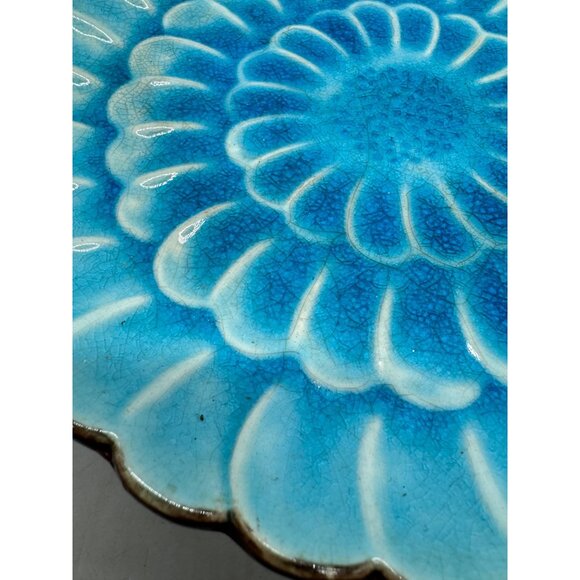 Blue Ceramic Pedestal Plate Scalloped Design Crackle & Brown Base Serving READ - Picture 3 of 6